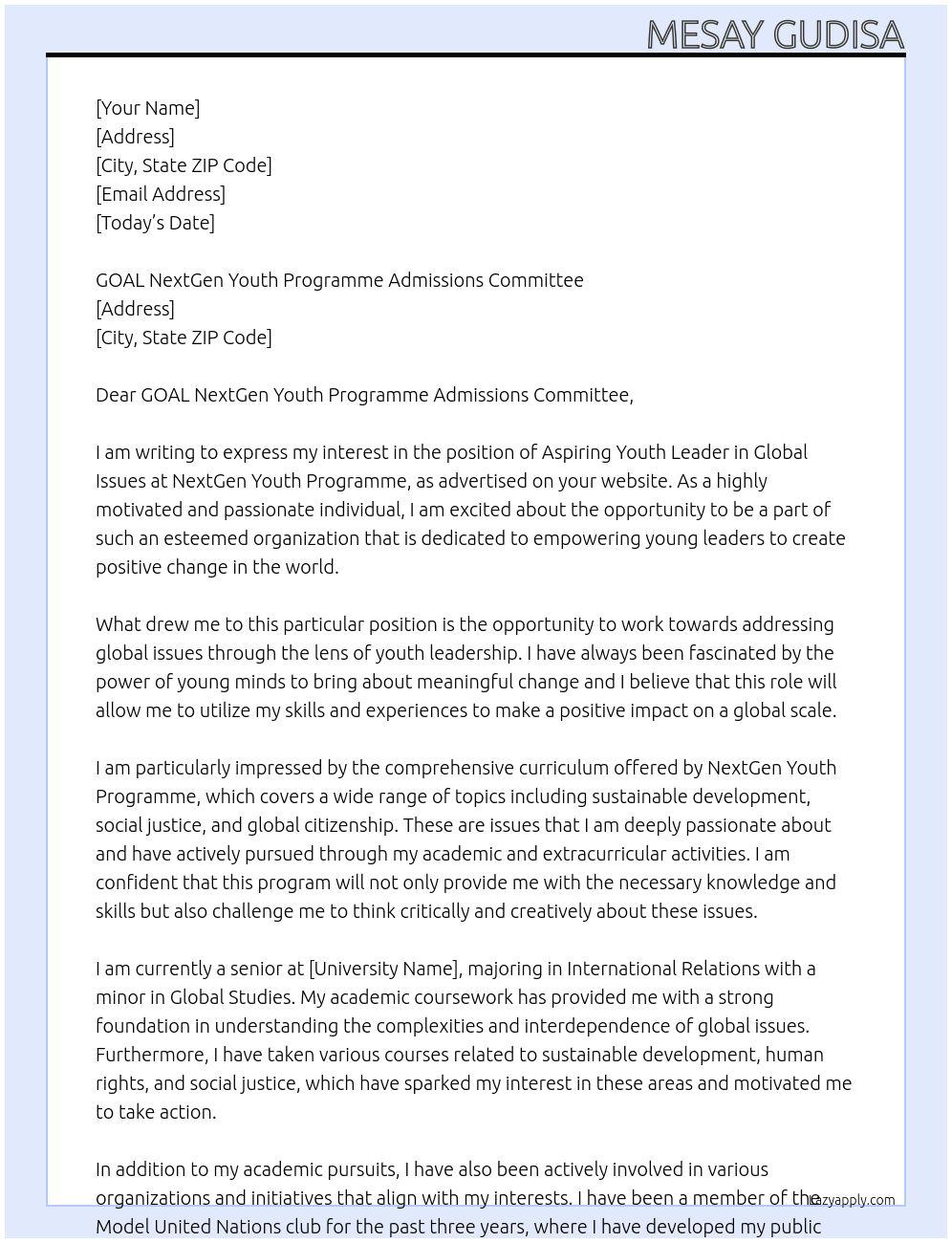 Aspiring Youth Leader in Global Issues At NextGen Youth Programme Cover Letter