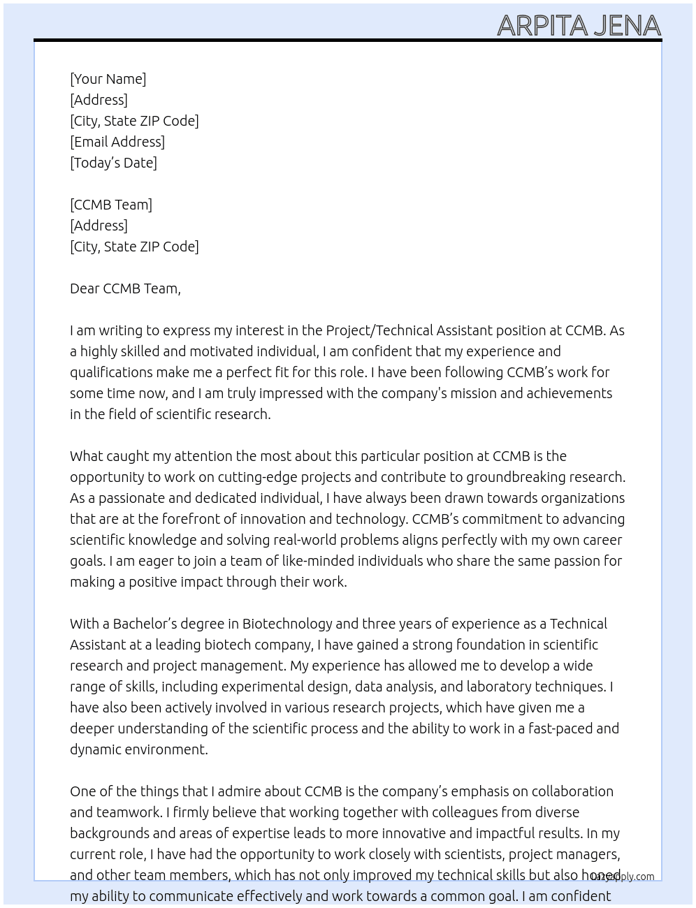 Project/ technical assistant  At CCMB Cover Letter