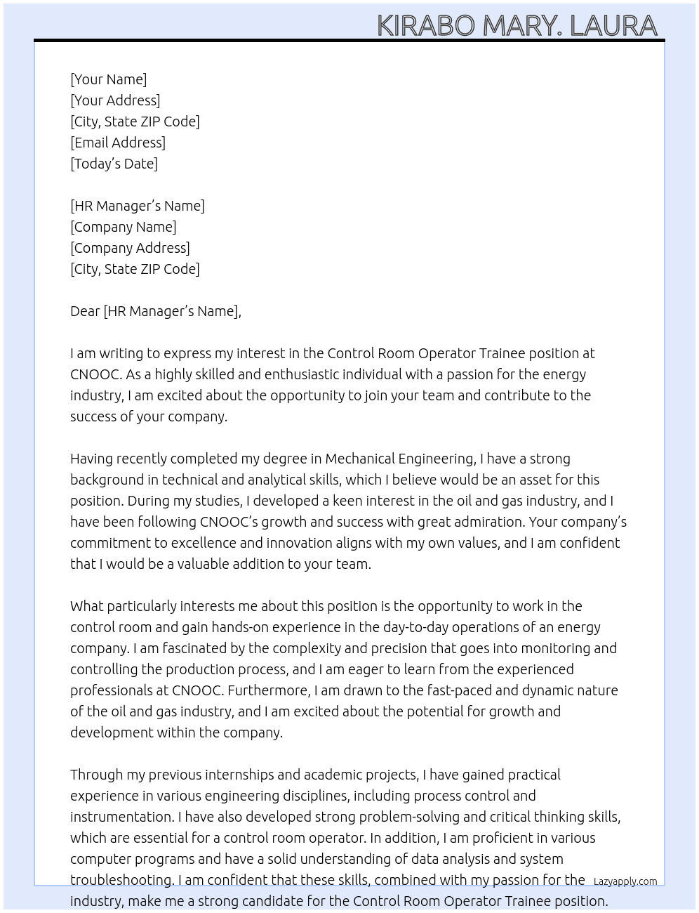 Control room operator trainee  At CNOOC Cover Letter