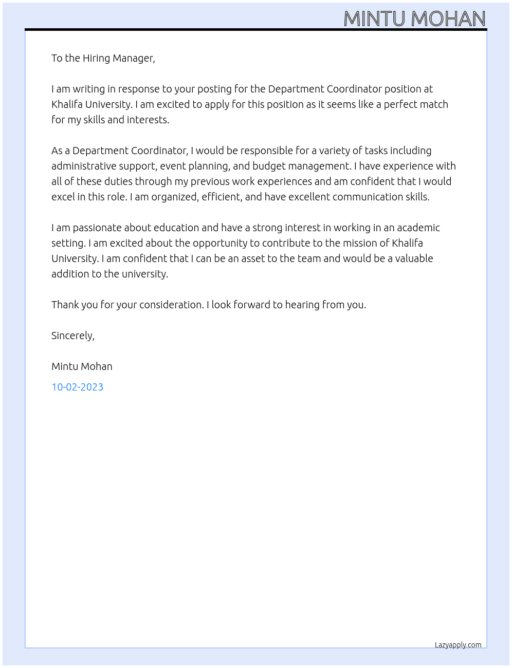 Department coordinator At Khalifa University Cover Letter