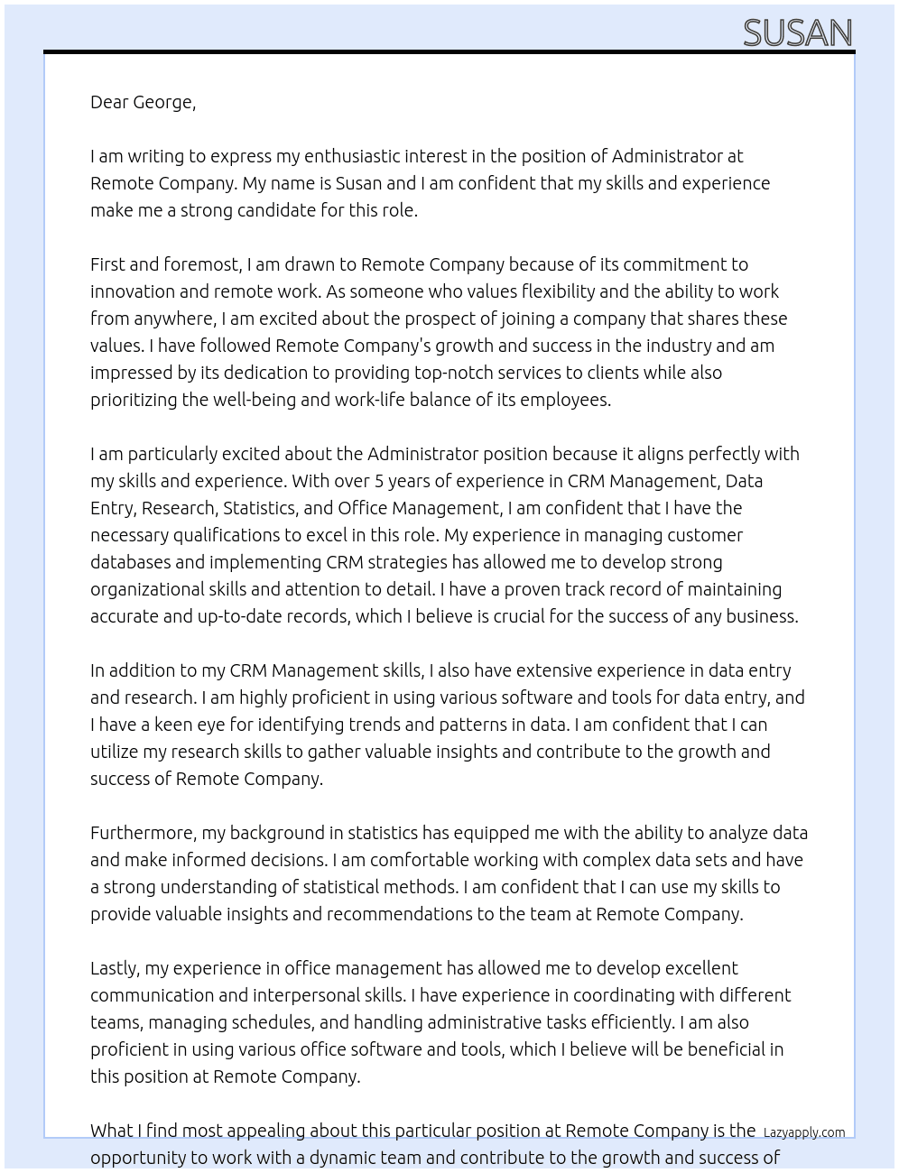 Administrator At Remote company Cover Letter