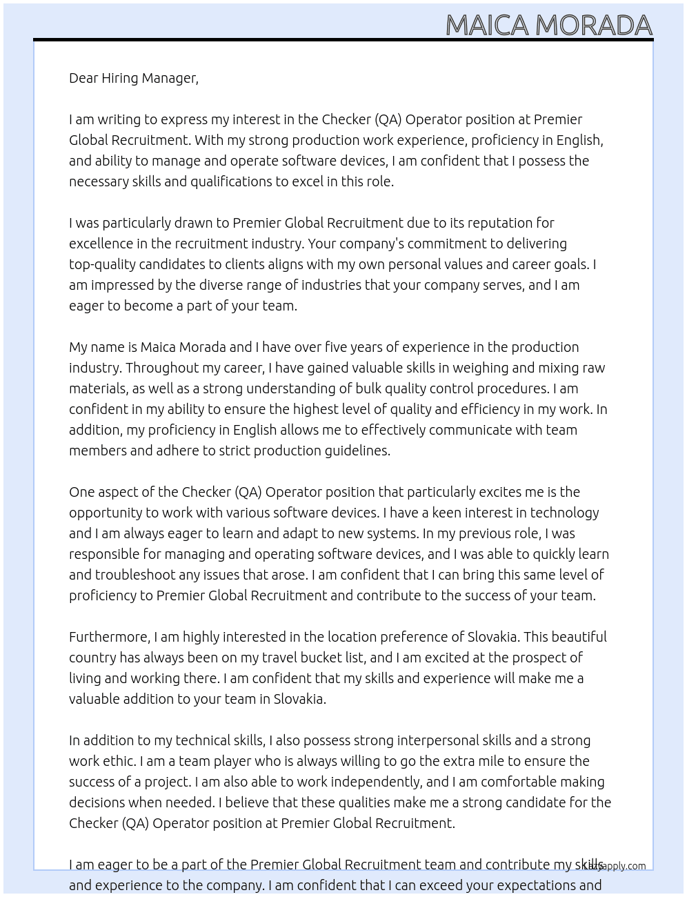 Checker (QA) Operator At Premier Global Recruitment Cover Letter