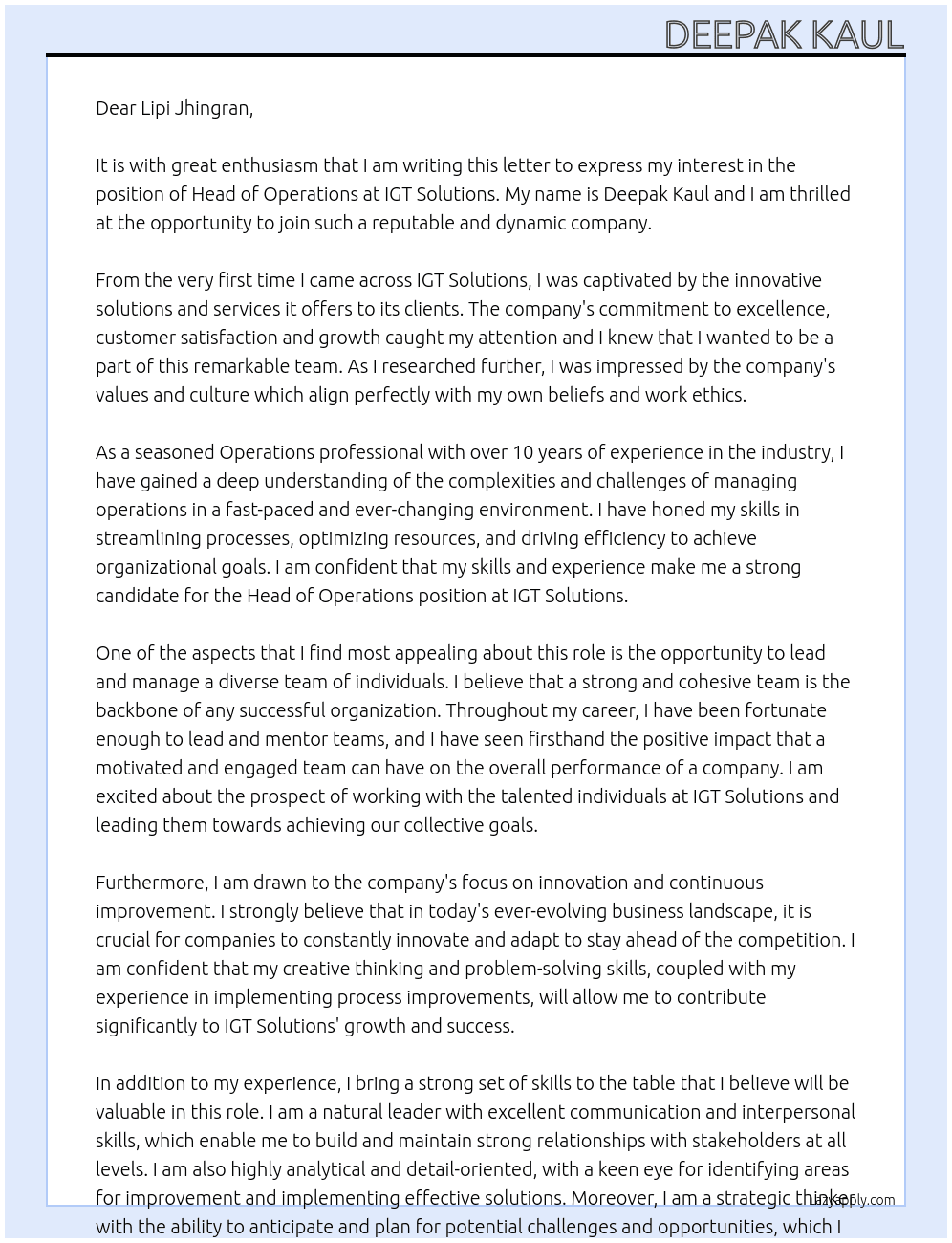 Head of Operations  At IGT Solutions  Cover Letter