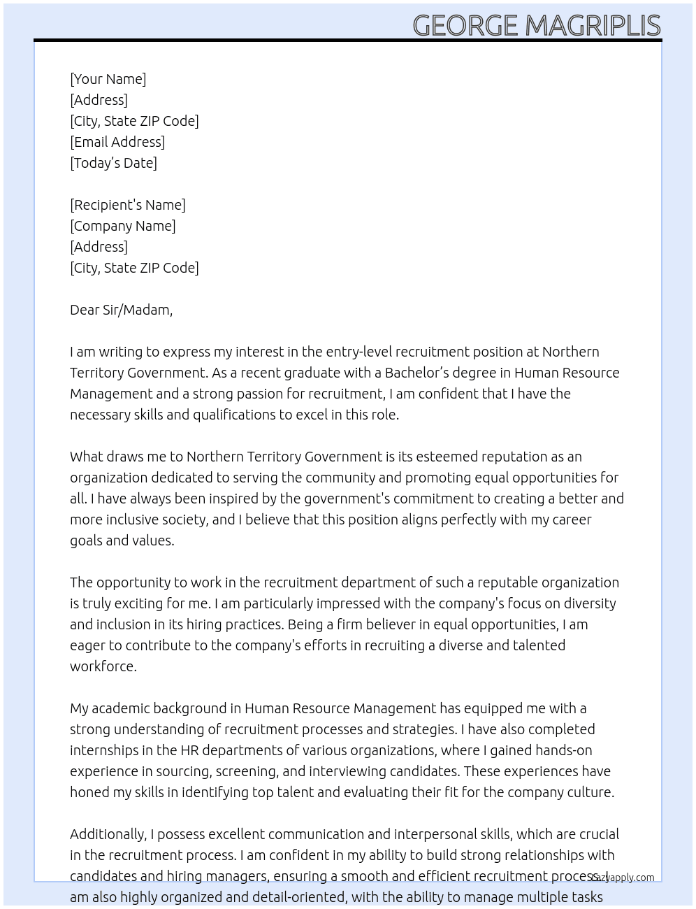 Entry level Recruitment At Northern Territory Government Cover Letter