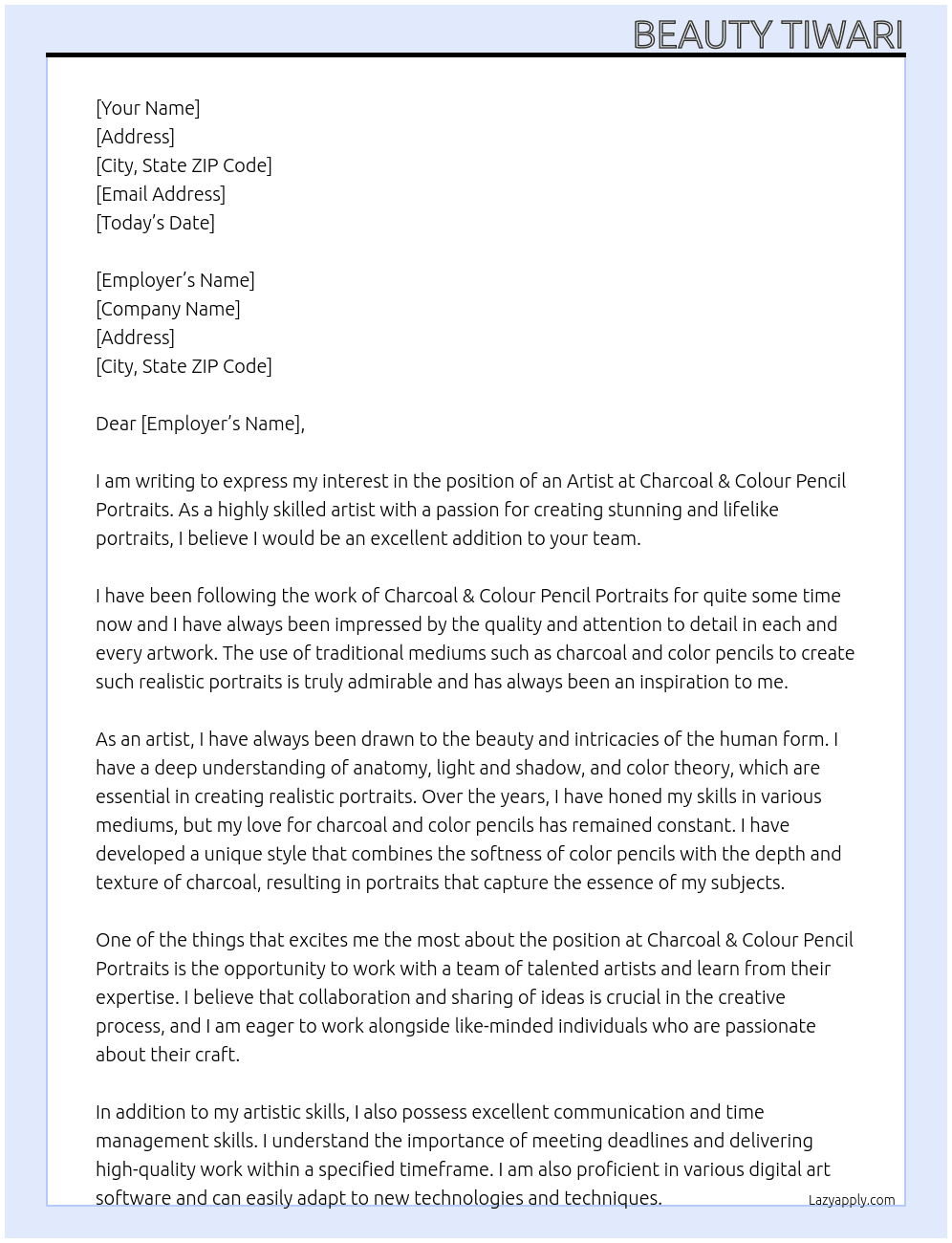 Artist At Charcoal & Colour Pencil Portraits Cover Letter