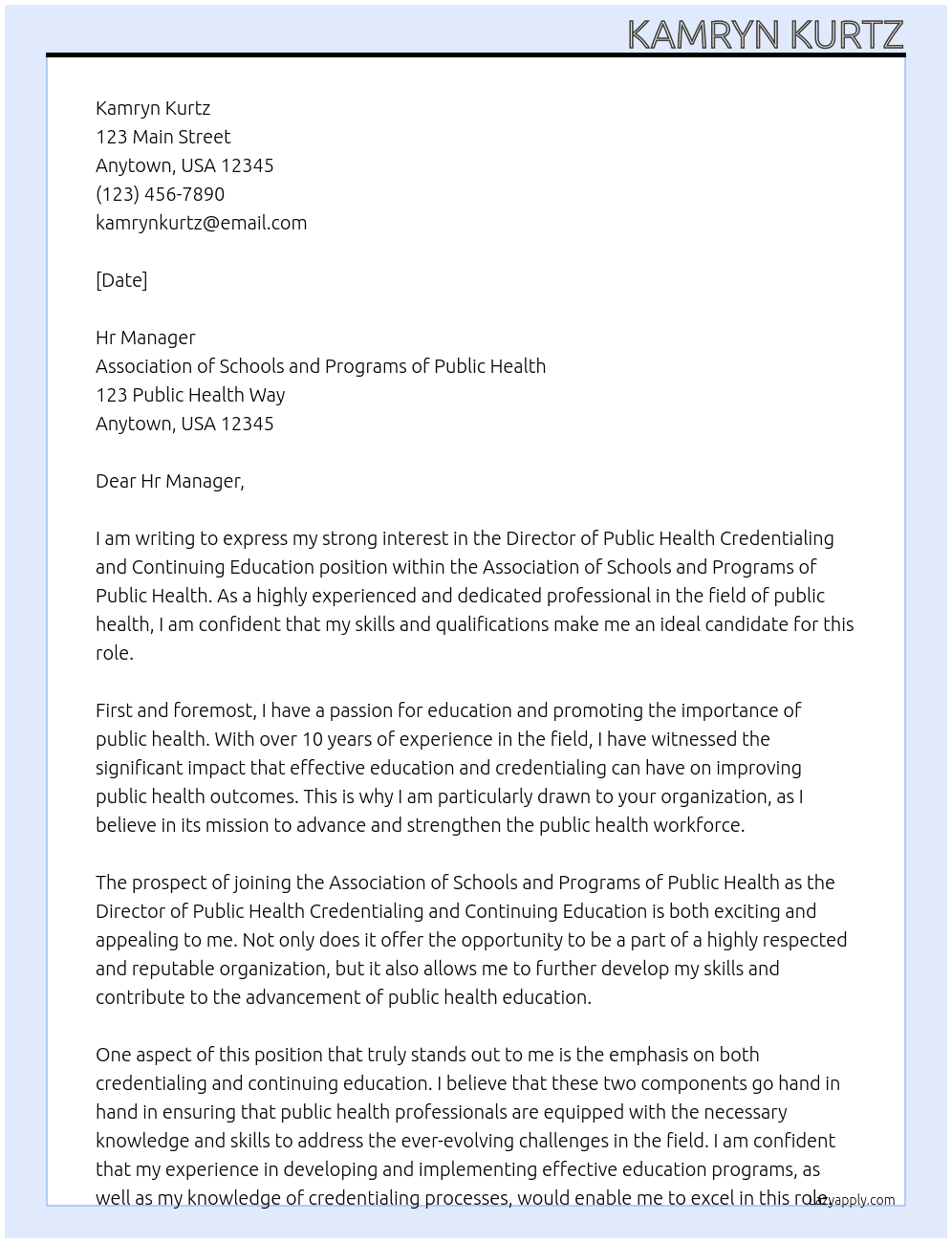 Director of Public Health Credentialing and Continuing Education At Association of Schools and Programs of Public Health Cover Letter