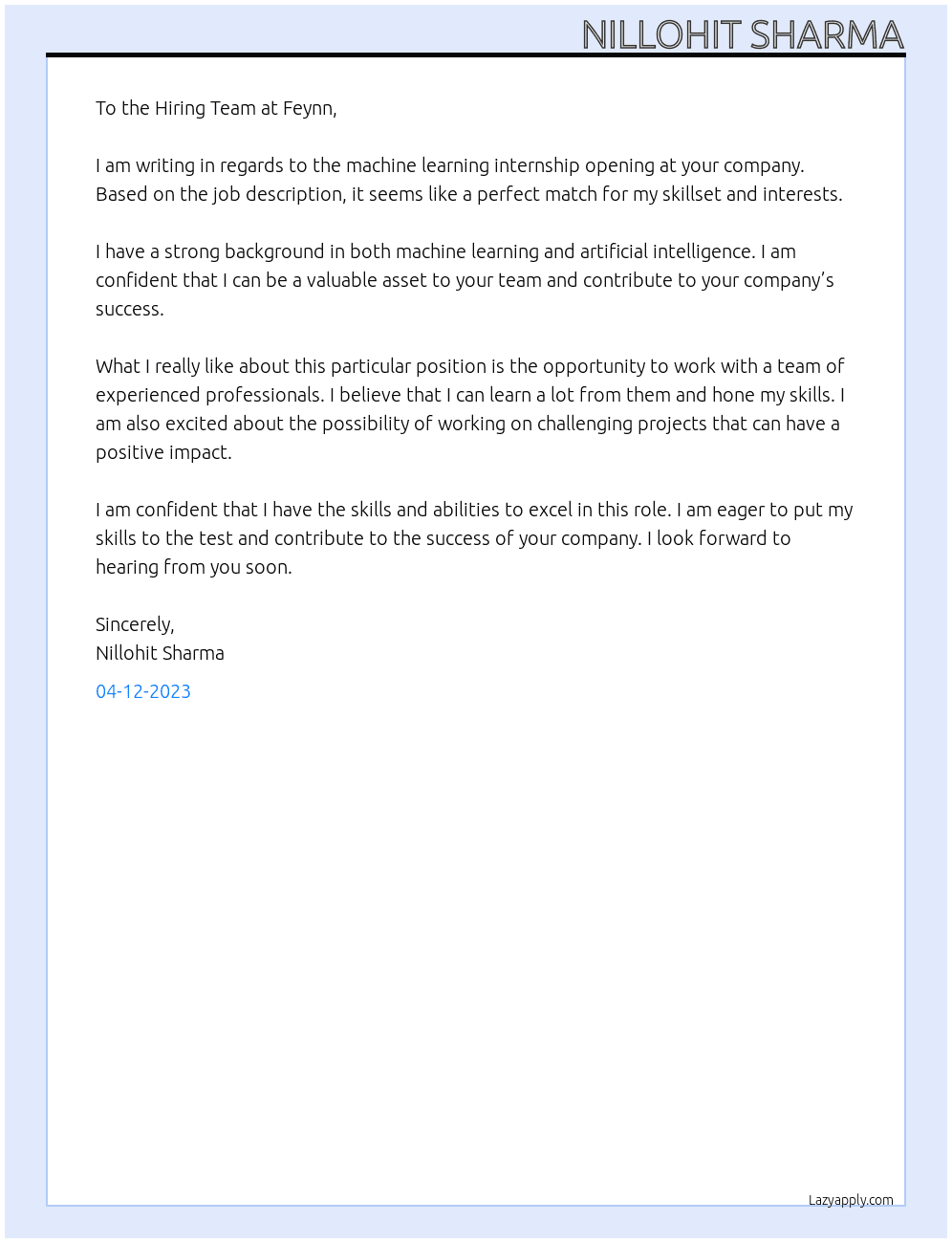 Machine Learning Intern At Feynn Cover Letter