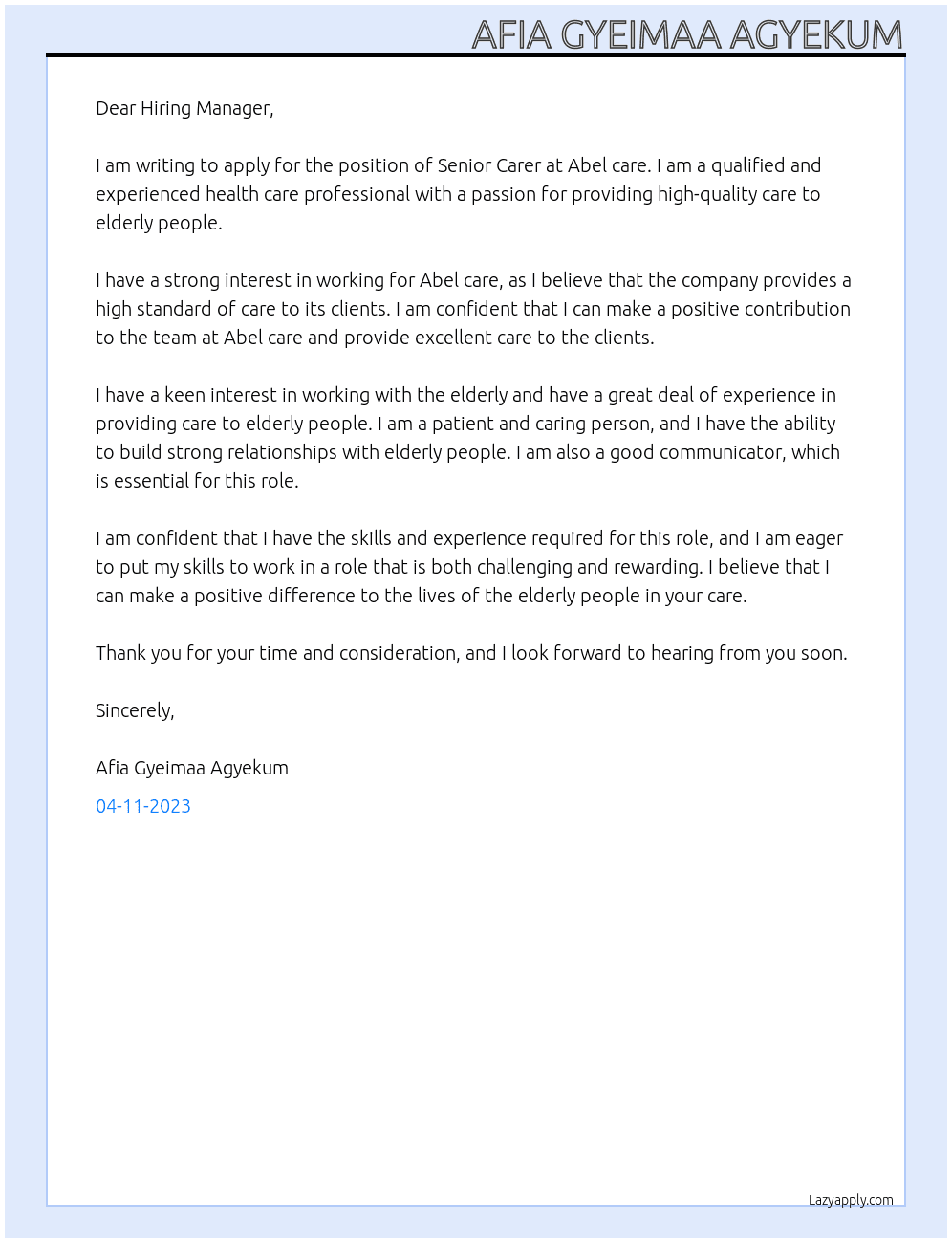 Senior Carer At Abel care  Cover Letter