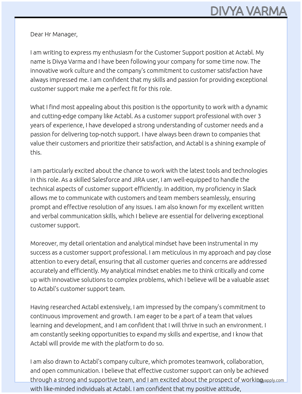 Customer Support At Actabl Cover Letter