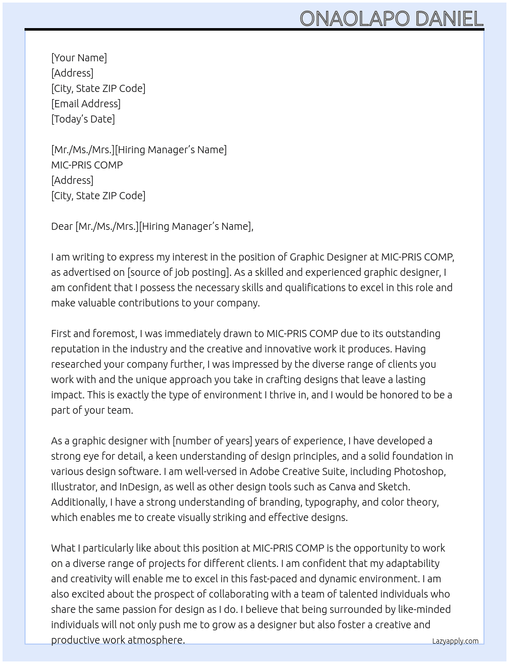 Graphic designer At MIC-PRIS COMP Cover Letter
