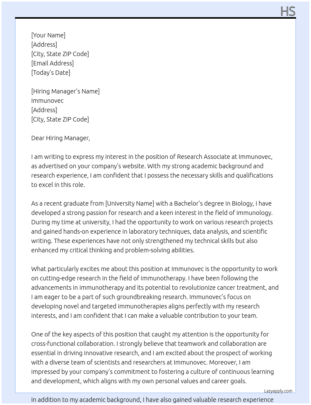 Research Associate At Immunovec Cover Letter