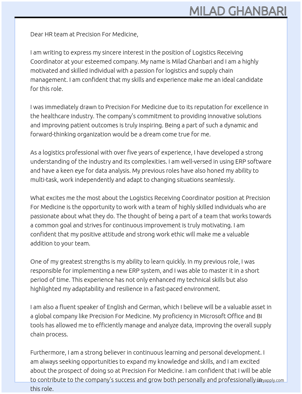 Logistics Receiving Coordinator At Precision For Medicine Cover Letter