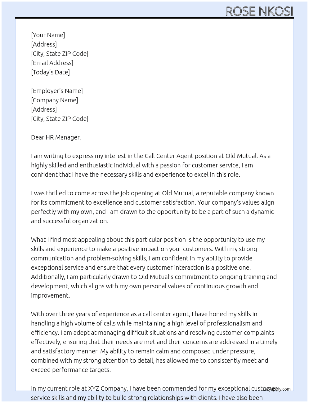 Call center Agent At Old Mutual Cover Letter