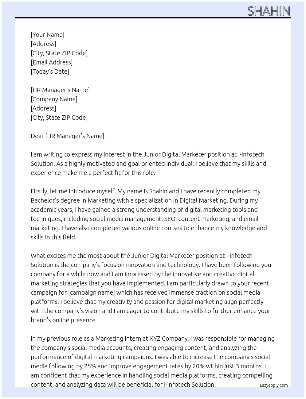 Junior Digital Marketer At I-Infotech Solution Cover Letter