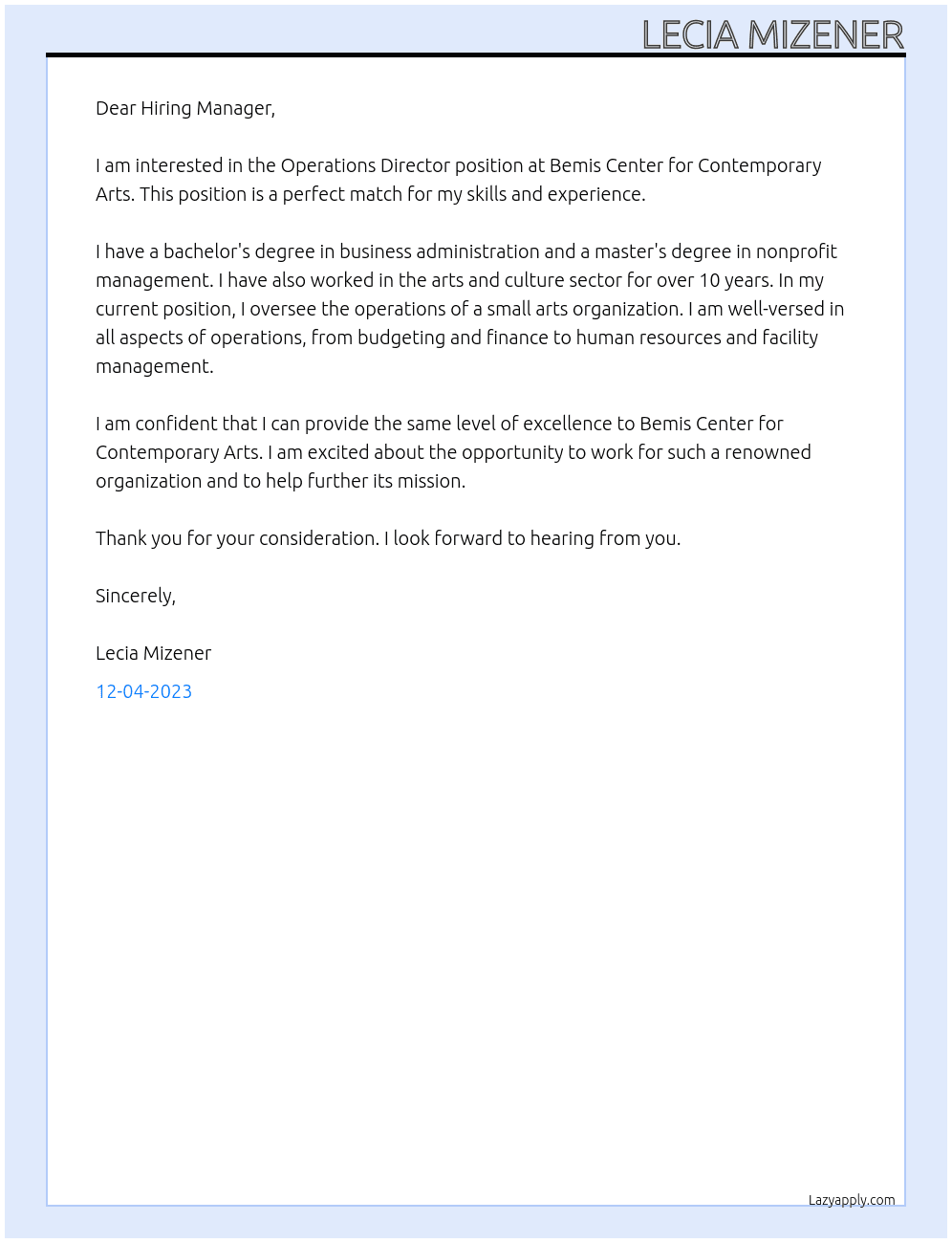 Operations Director At Bemis Center for Contemporary Arts Cover Letter