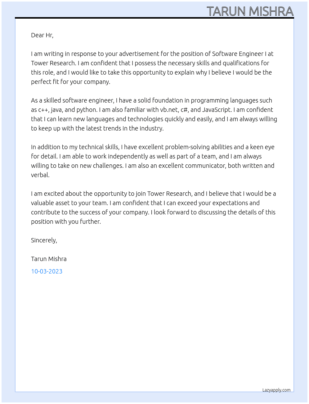Software Engineer I At Tower Research  Cover Letter