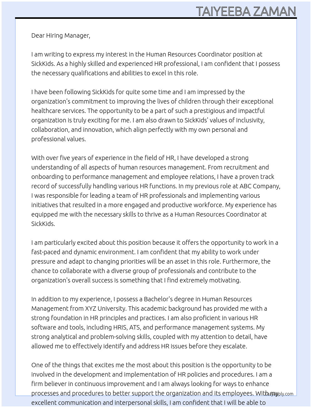 Human Resources Coordinator At SickKids Cover Letter