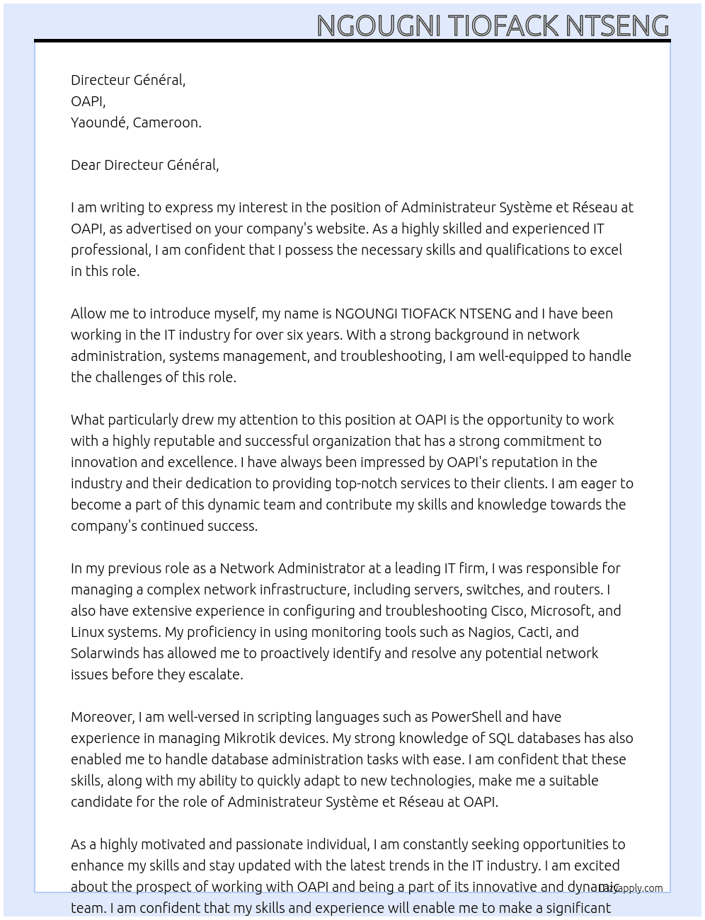 Administrateur Système et Réseau At OAPI  Cover Letter