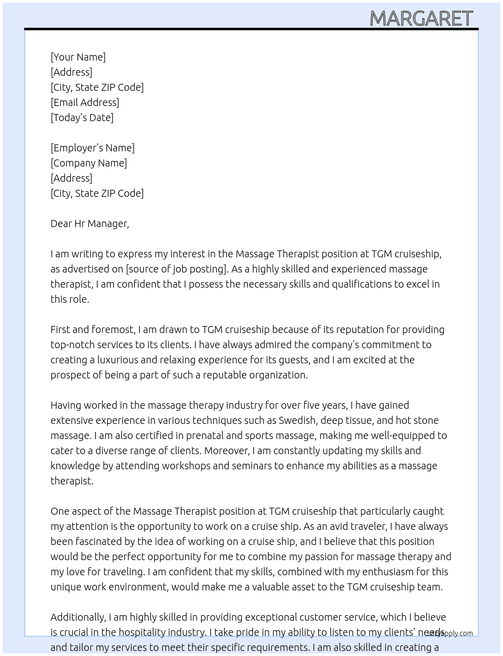 Massage Therapist At TGM cruiseship  Cover Letter