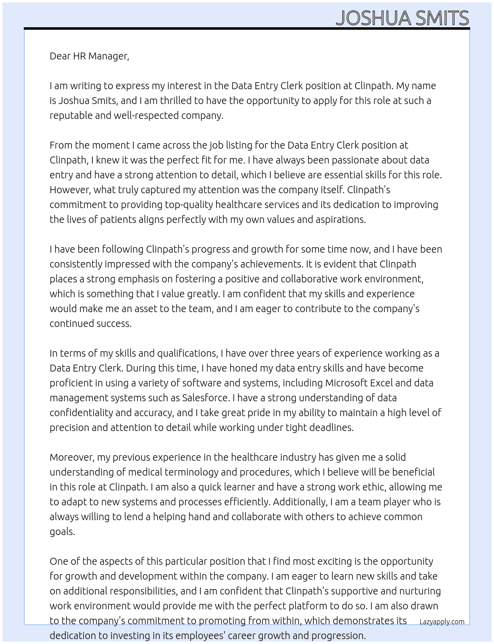 Data Entry Clerk At Clinpath Cover Letter