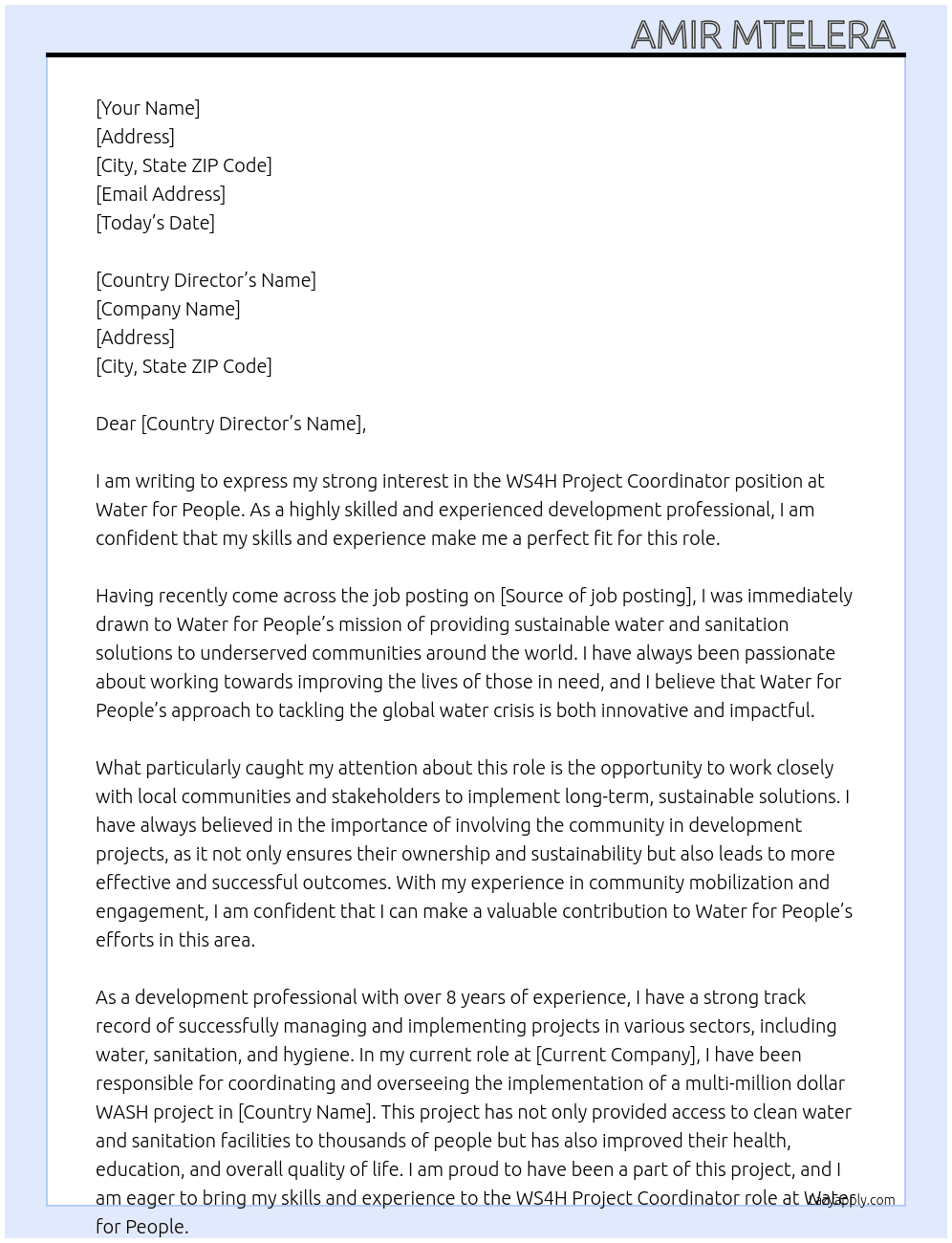 WS4H Project Coordinator At Water for people  Cover Letter