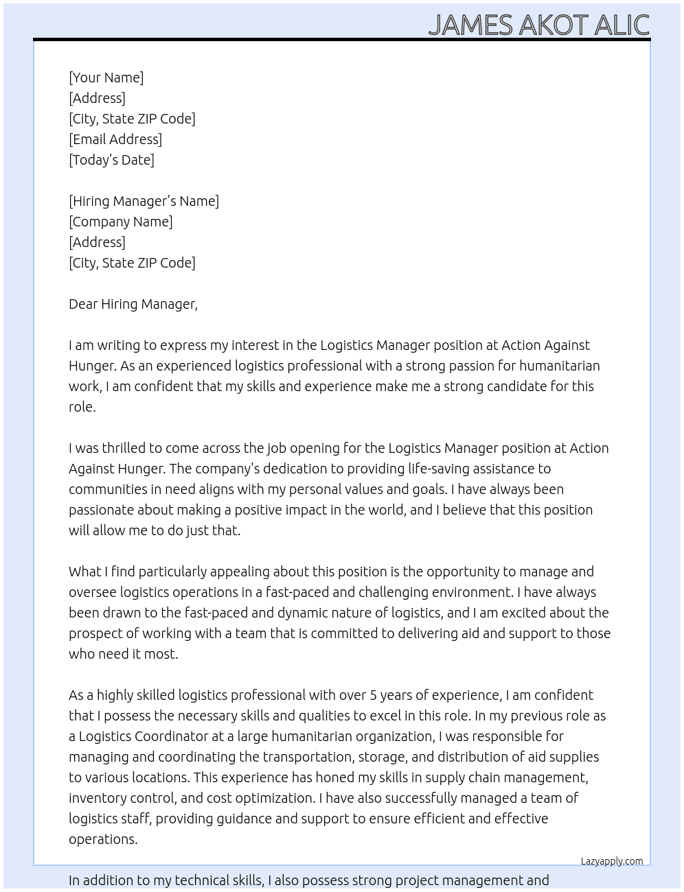 Logistics Manager  At Action Against Hunger Cover Letter