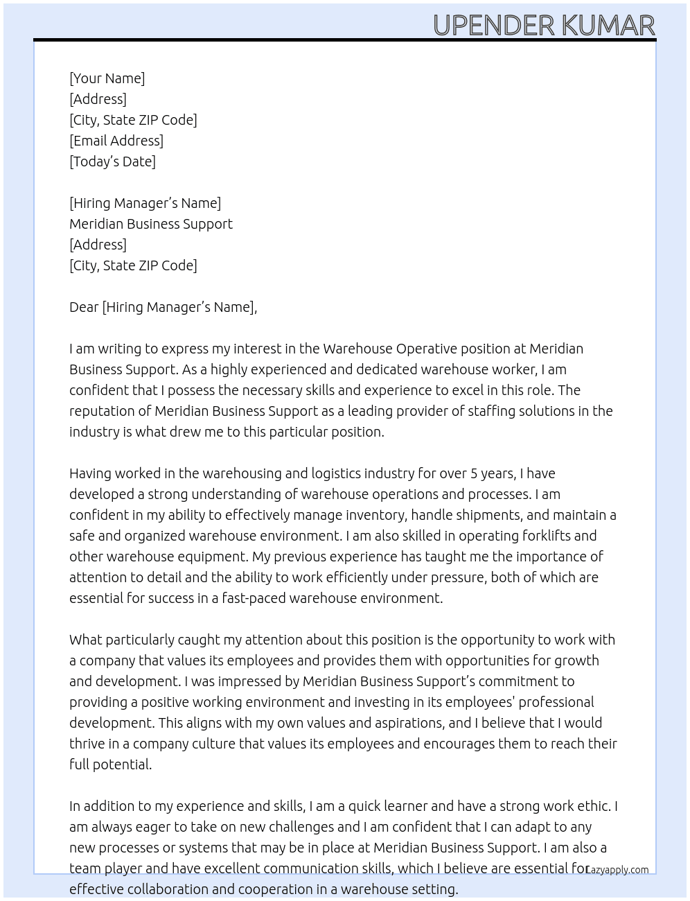 warehouse Operative At Meridian Business Support Cover Letter