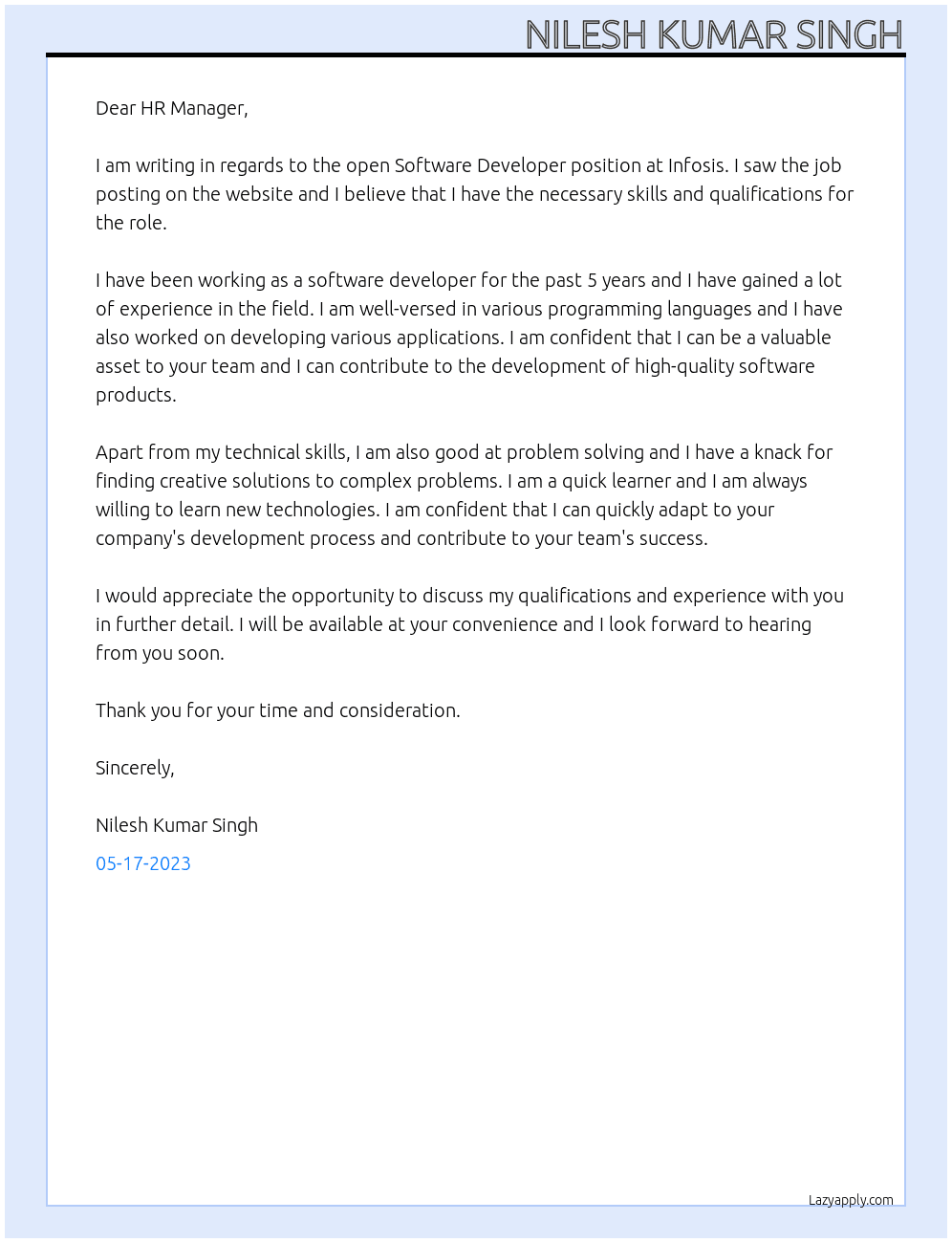 Software Developer At Infosis Cover Letter