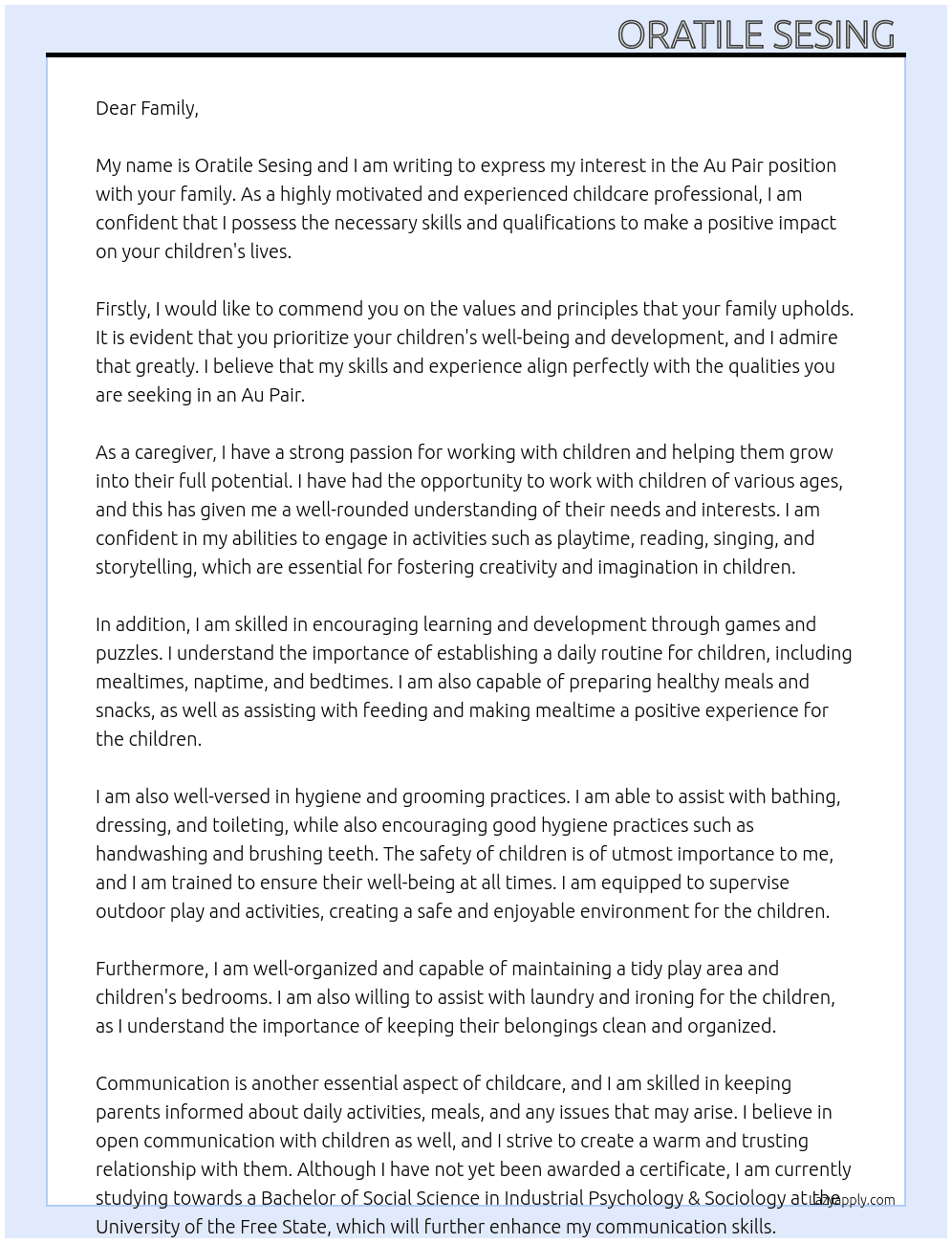 Au Pair  At Family  Cover Letter