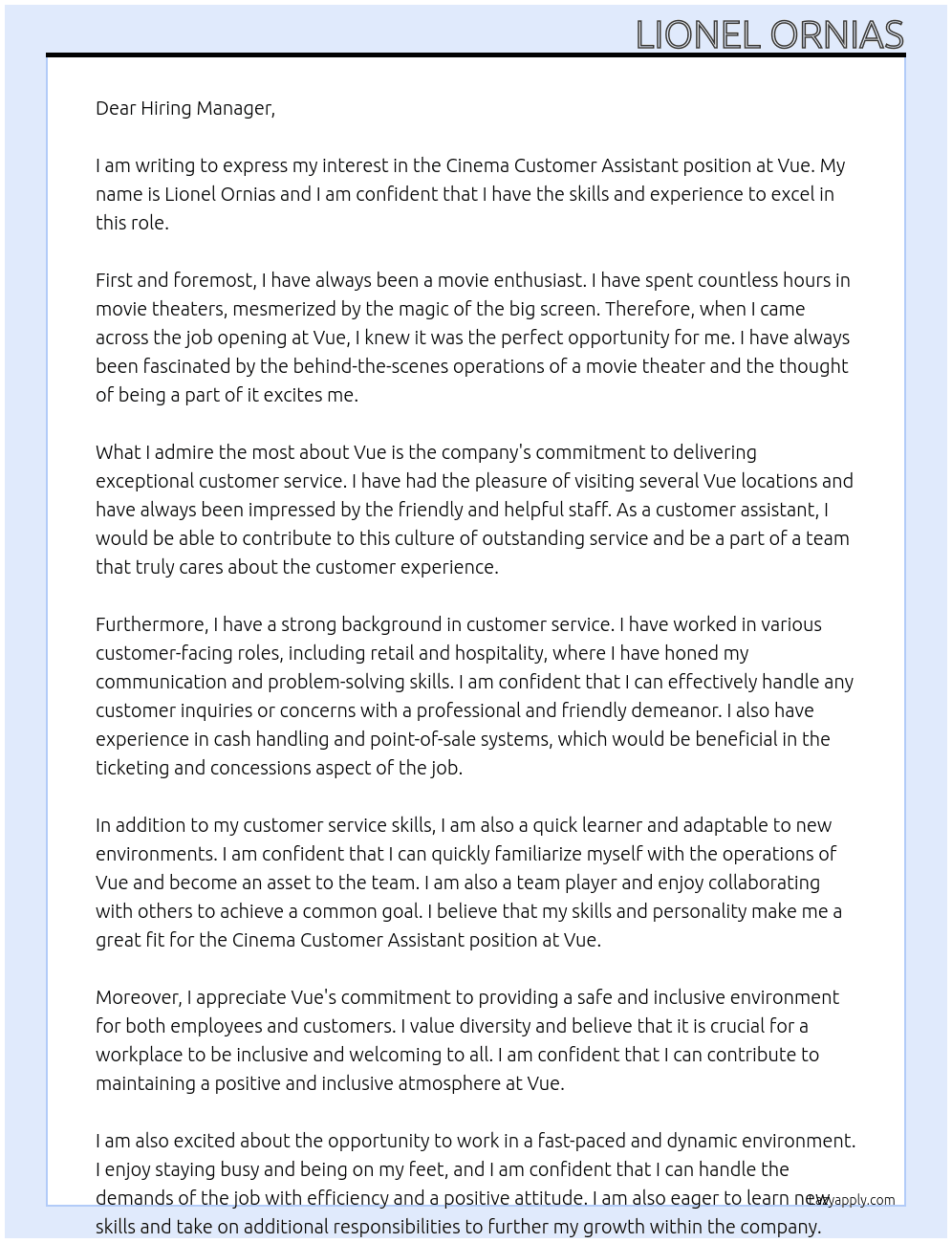 Cinema Customer Assistant At Vue Cover Letter