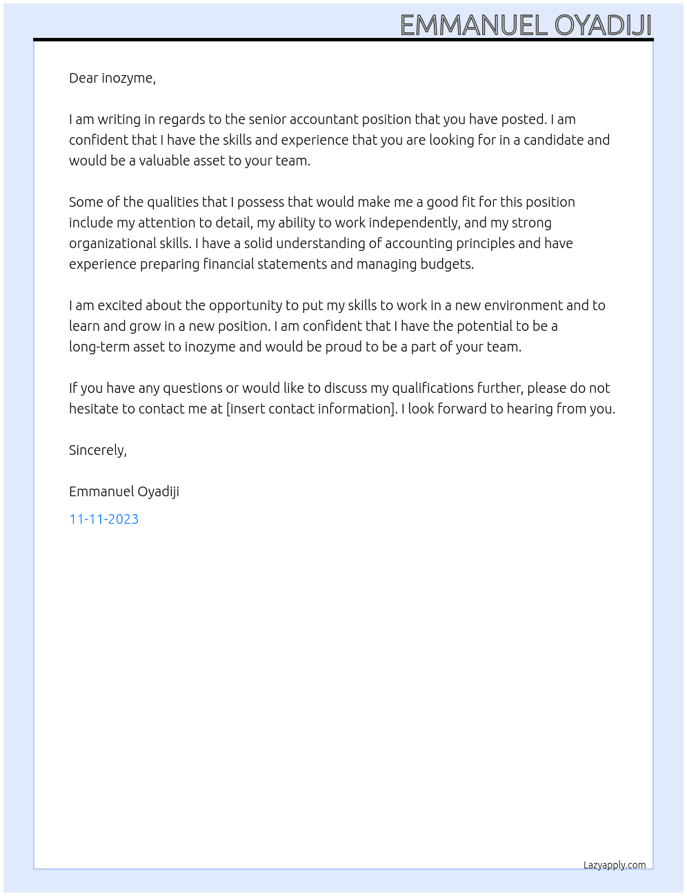 senior Accountant At inozyme Cover Letter