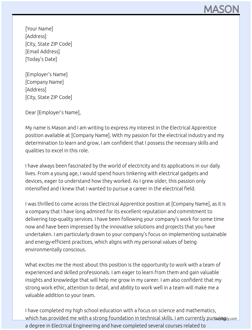 Electrical apprentice At xxx Cover Letter