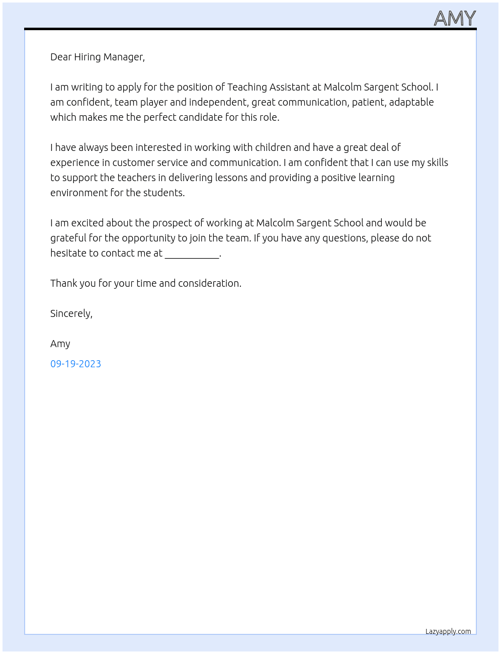 Teaching Assitant At Malcolm Sargent School Cover Letter
