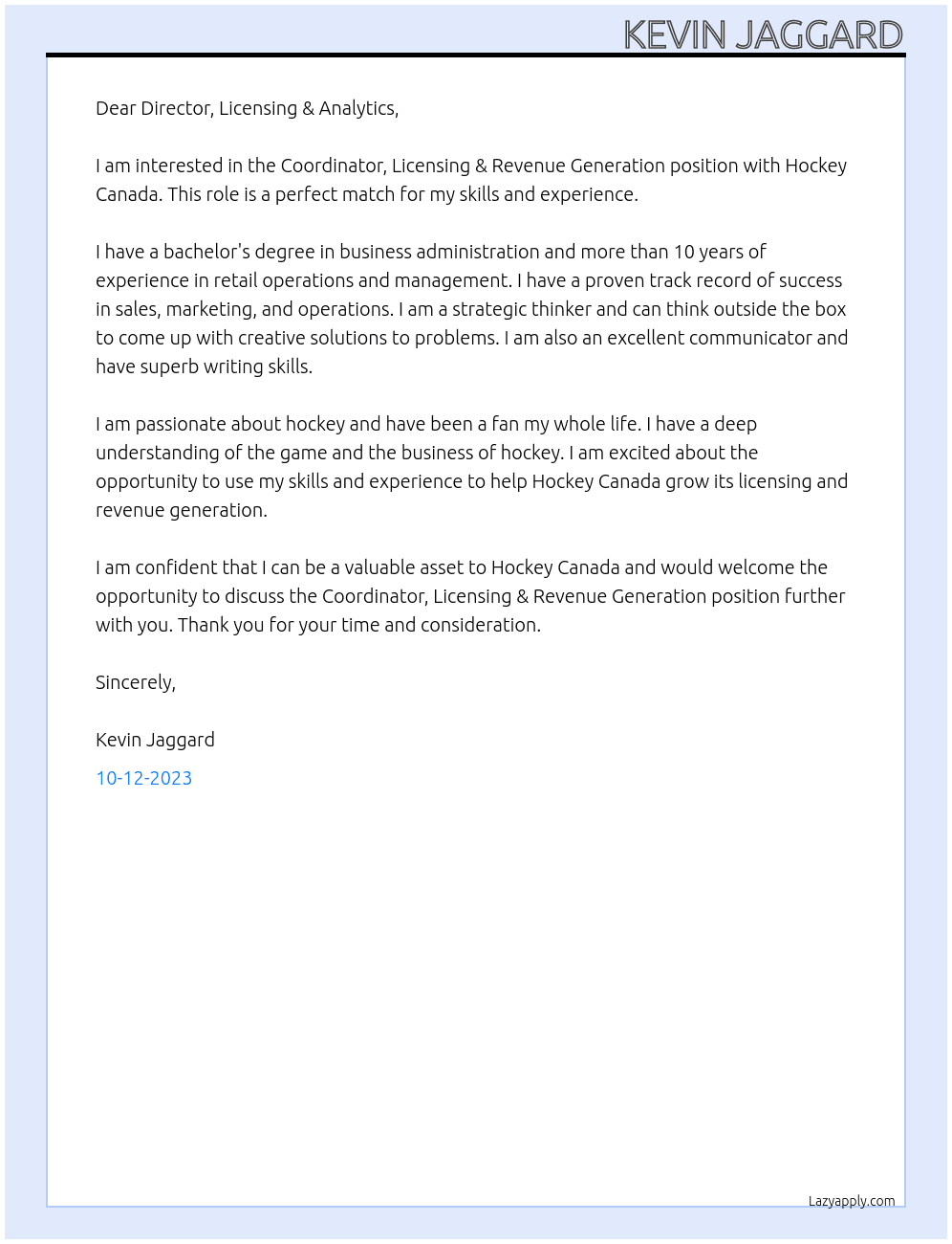 Coordinator, Licensing & Revenue Generation At Hockey Canada Cover Letter