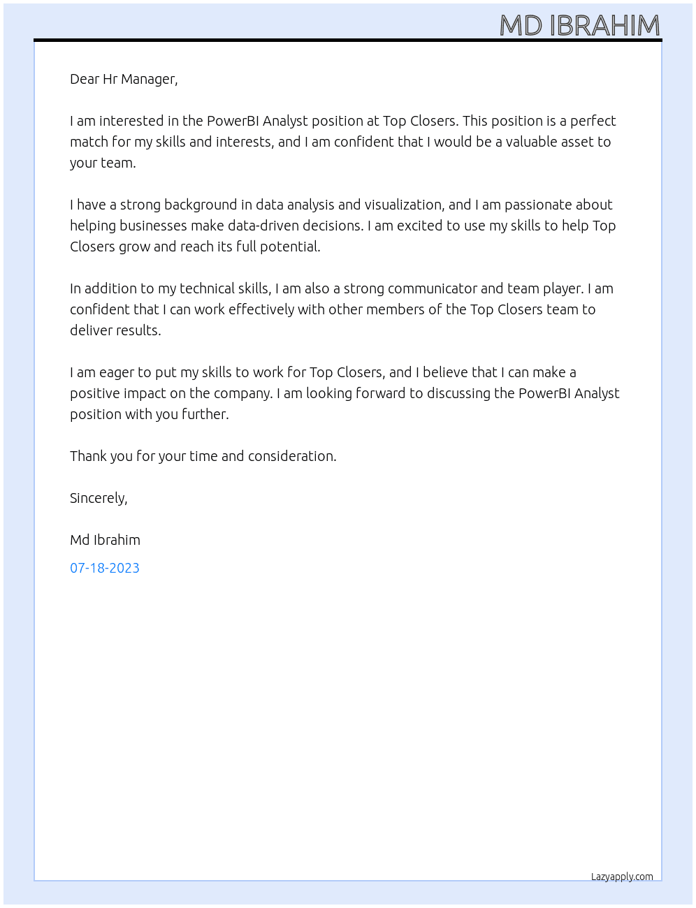 PowerBI Analyst At Top Closers Cover Letter