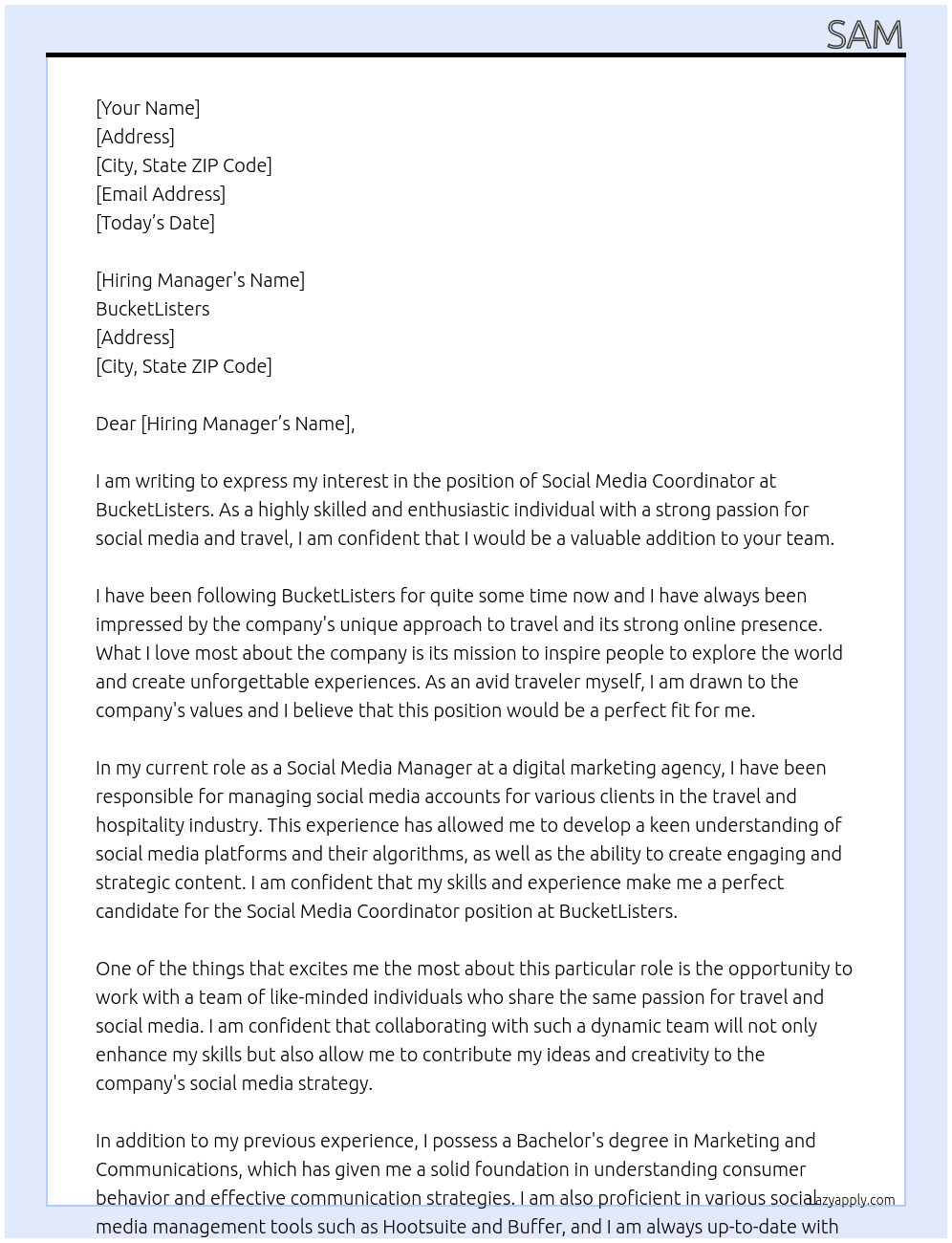 Social Media Coordinator At BucketListers Cover Letter