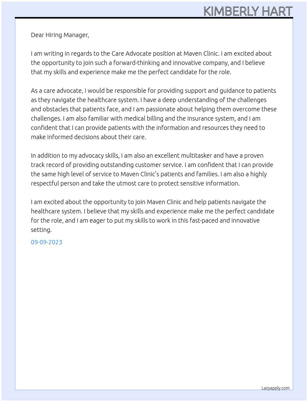 Care Advocate  At Maven Clinic Cover Letter