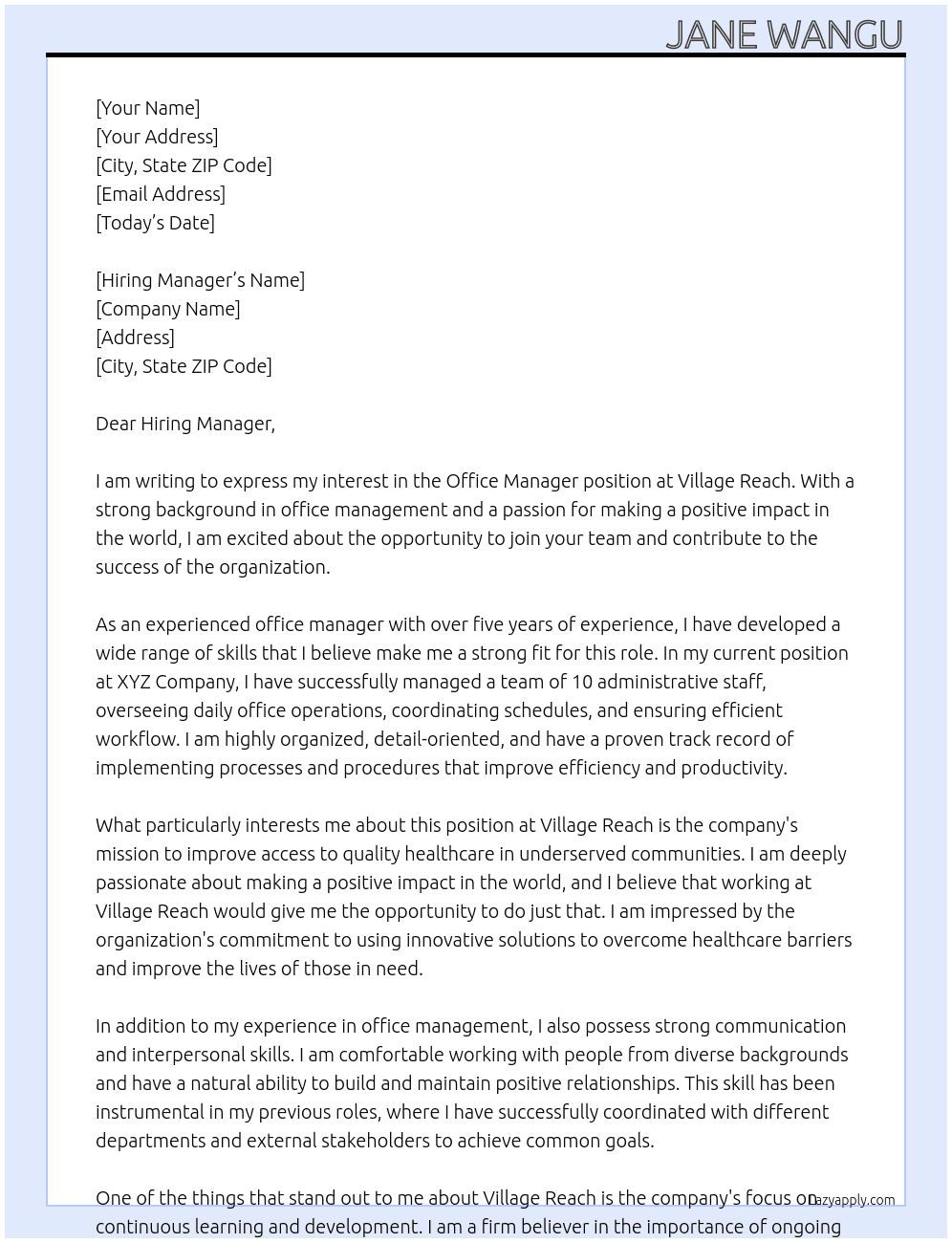 Office Manager At Village Reach Cover Letter