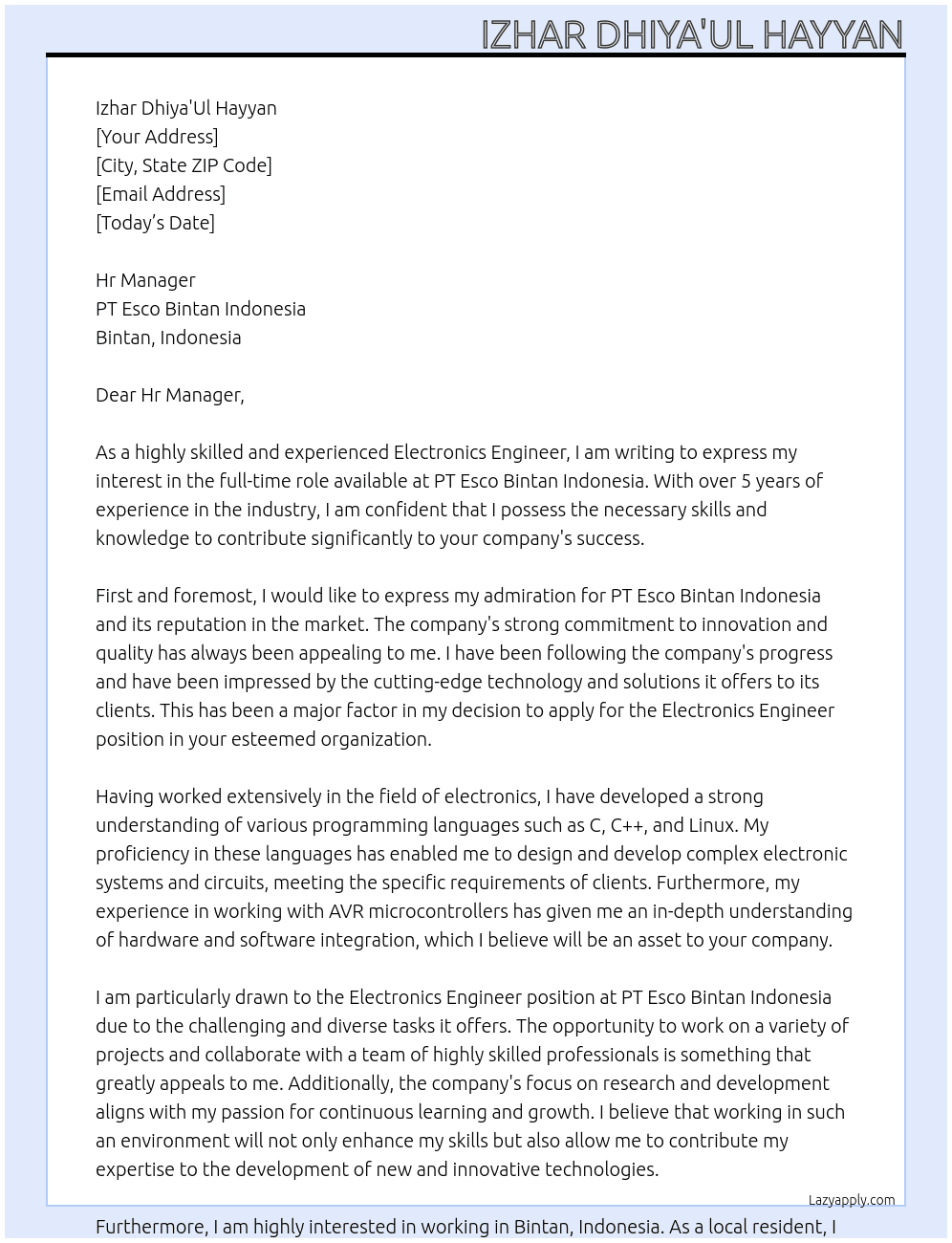 Electronics Engineer At PT Esco Bintan Indonesia  Cover Letter