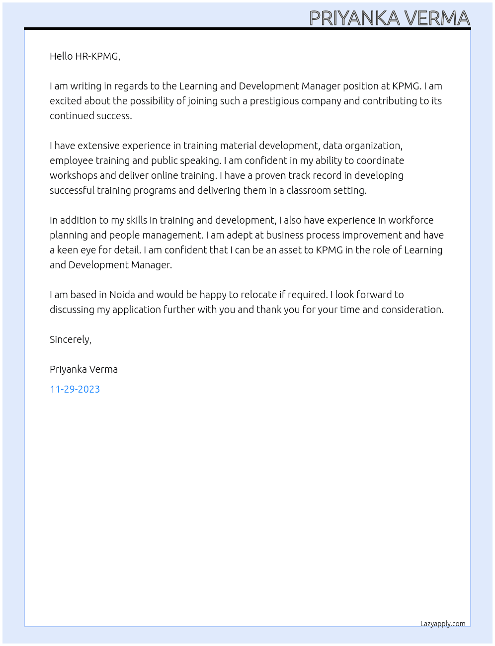 Learning and Development Manager At KPMG Cover Letter