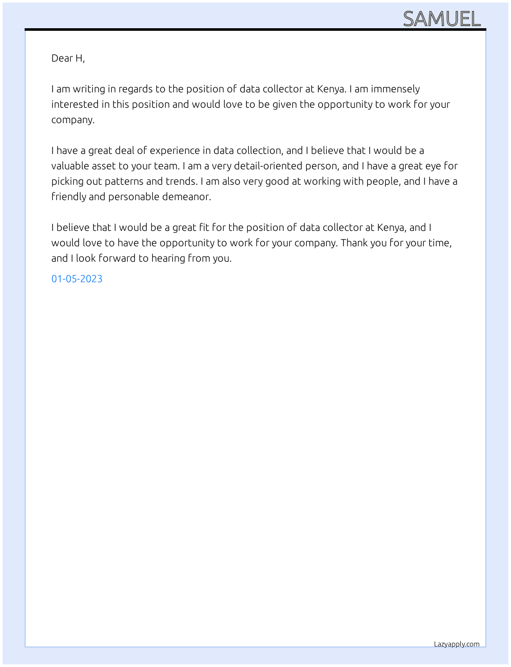 Data collectorm At Kenya Cover Letter
