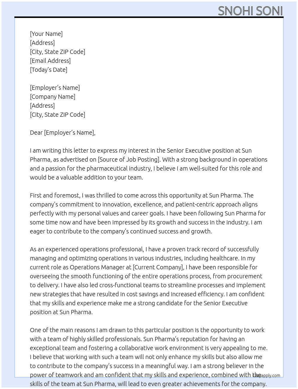 senior executive  At Sun Pharma Cover Letter