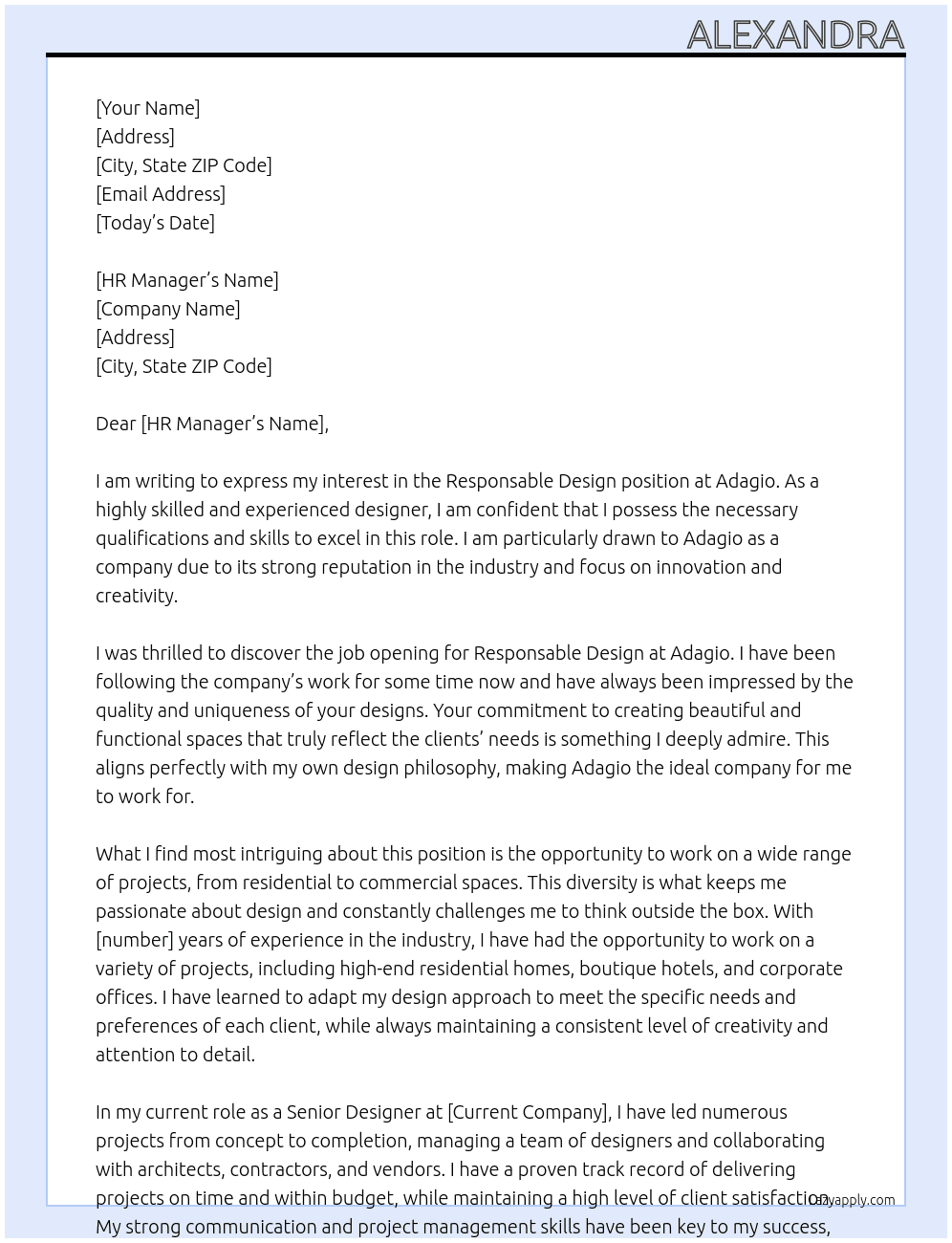 Responsable Design At Adagio Cover Letter