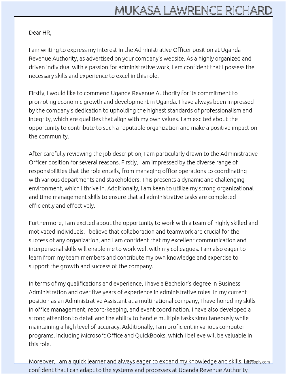 Administrative Officer At Uganda Revenue Authority Cover Letter