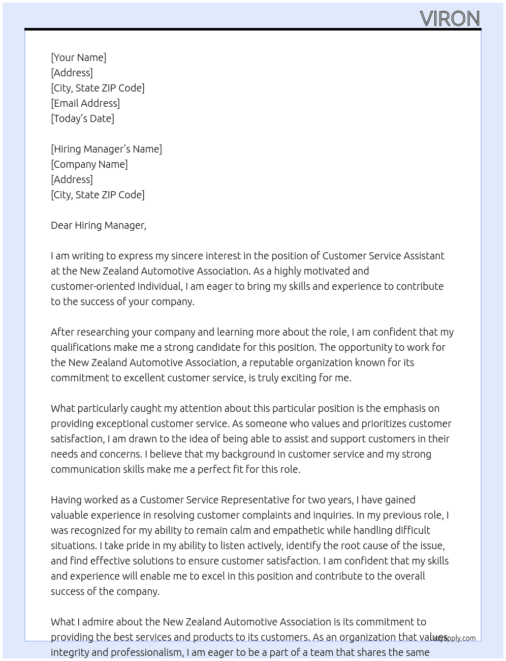 Customer service assistant At New Zealand Automotive Association Cover Letter