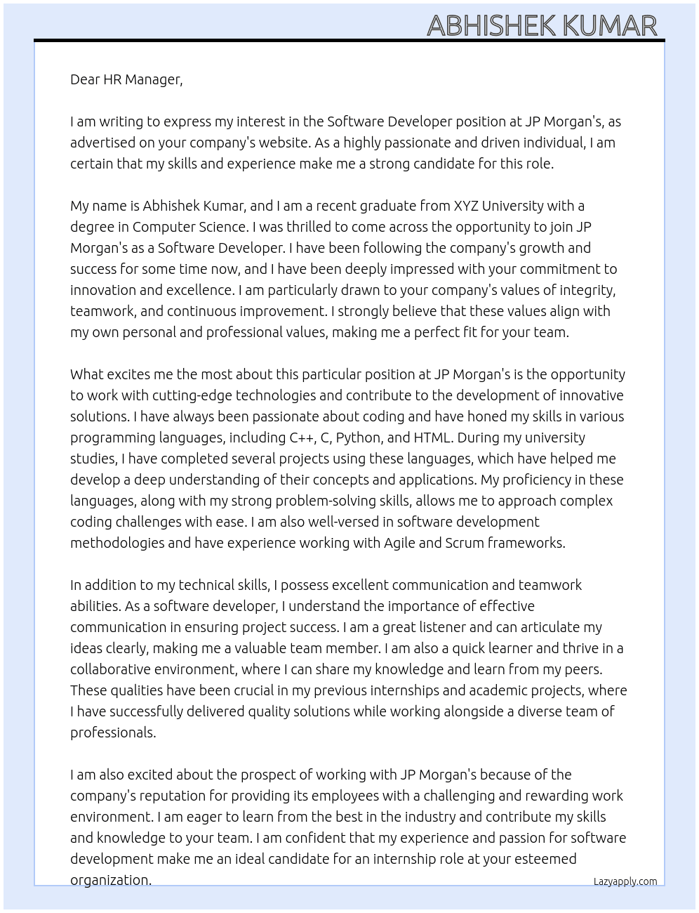 Software developer  At JP Morgan's  Cover Letter
