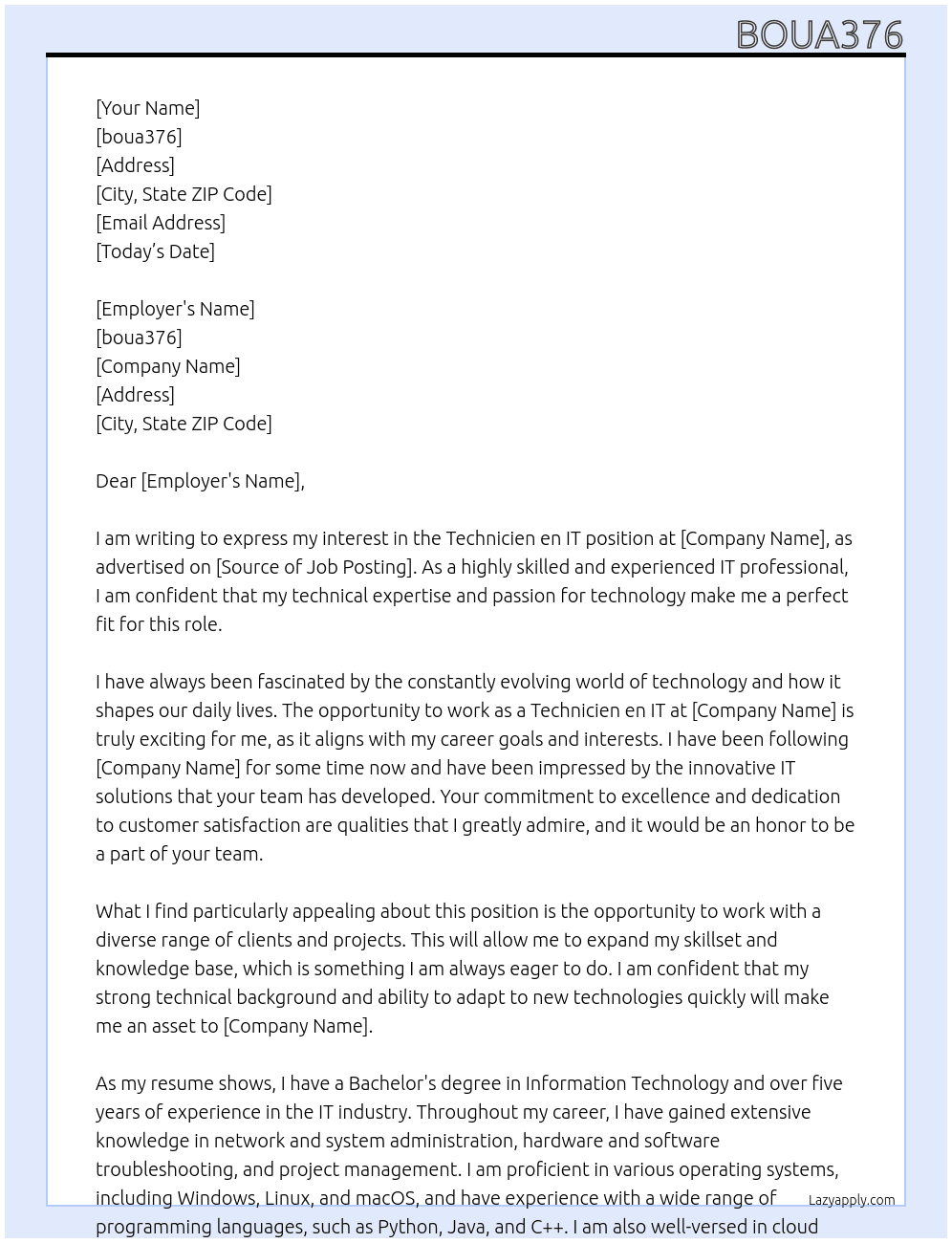 technicien en IT At boua376 Cover Letter