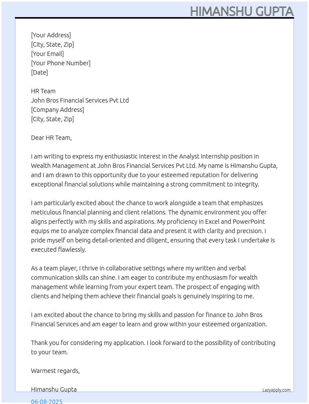 Wealth management - Analyst At John Bros Financial Services Pvt Ltd Cover Letter