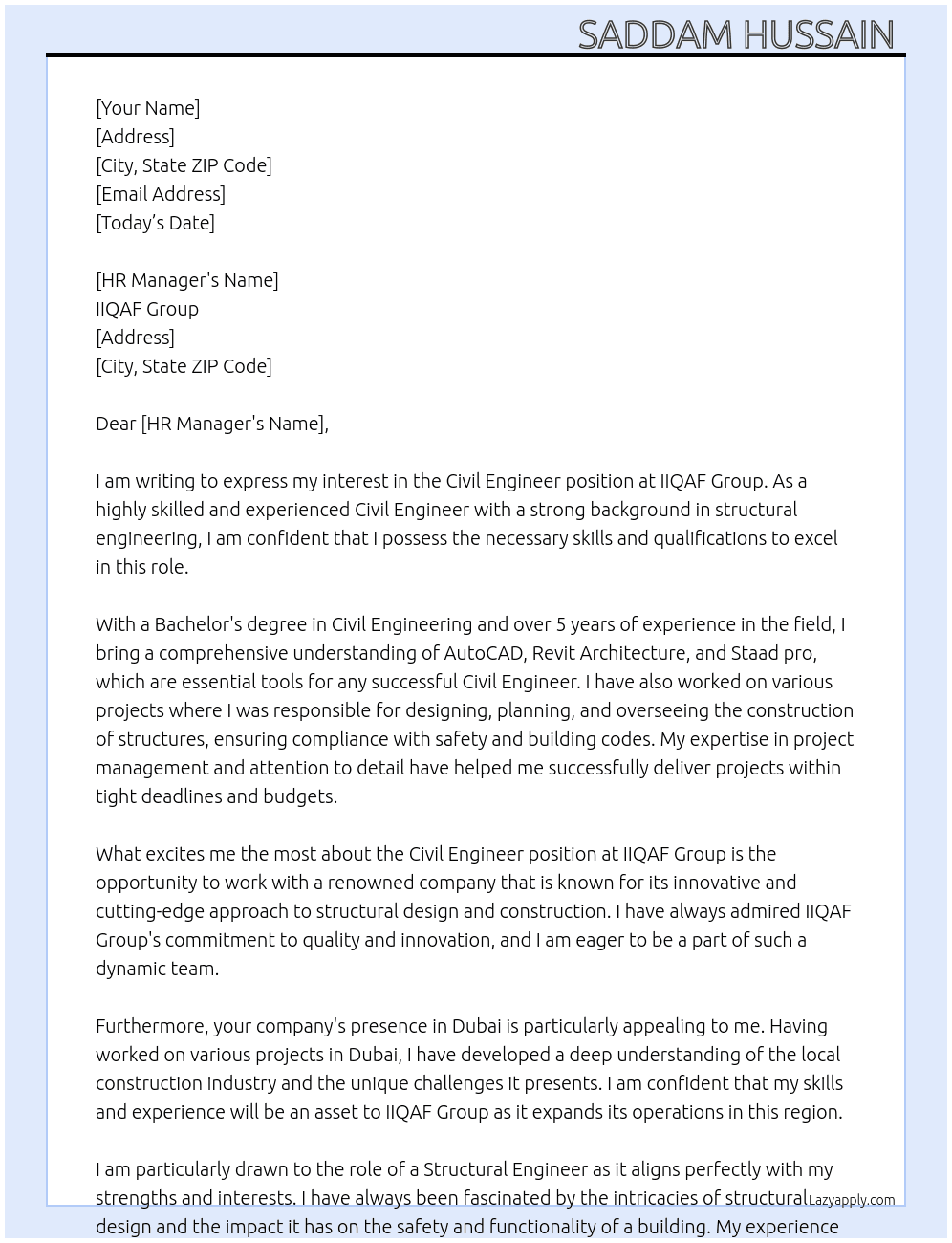 Civil Engineer  At IIQAF Group  Cover Letter