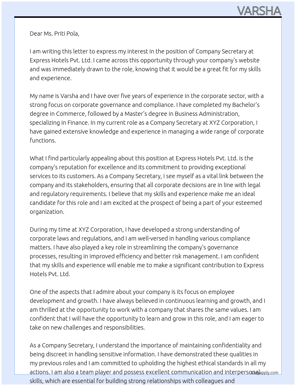 COMPANY SECRETARY At EXPRESS HOTELS PVT. LTD. Cover Letter